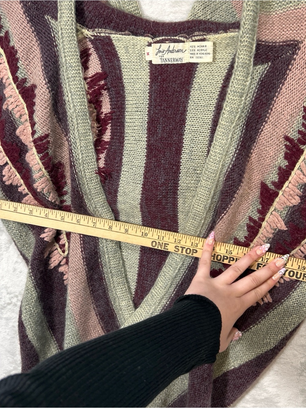 Vintage 70s boho twee tie waist striped embroidered hooded cardigan sweater M - Picture 6 of 9